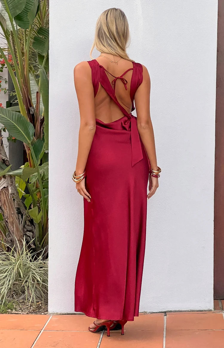 Laria Wine Satin Formal Maxi Dress