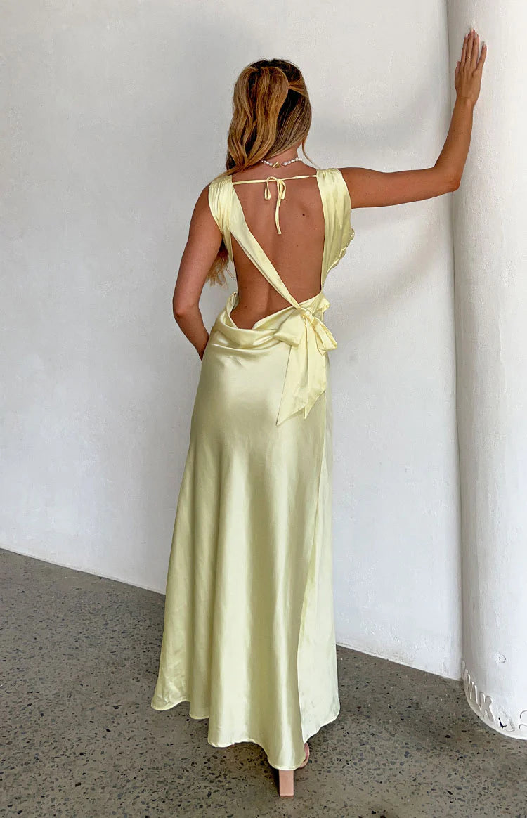 Laria Yellow Satin Formal Maxi Dress | Beginning Boutique NZ Laria Yellow Satin Formal Maxi Dress | Beginning Boutique NZ