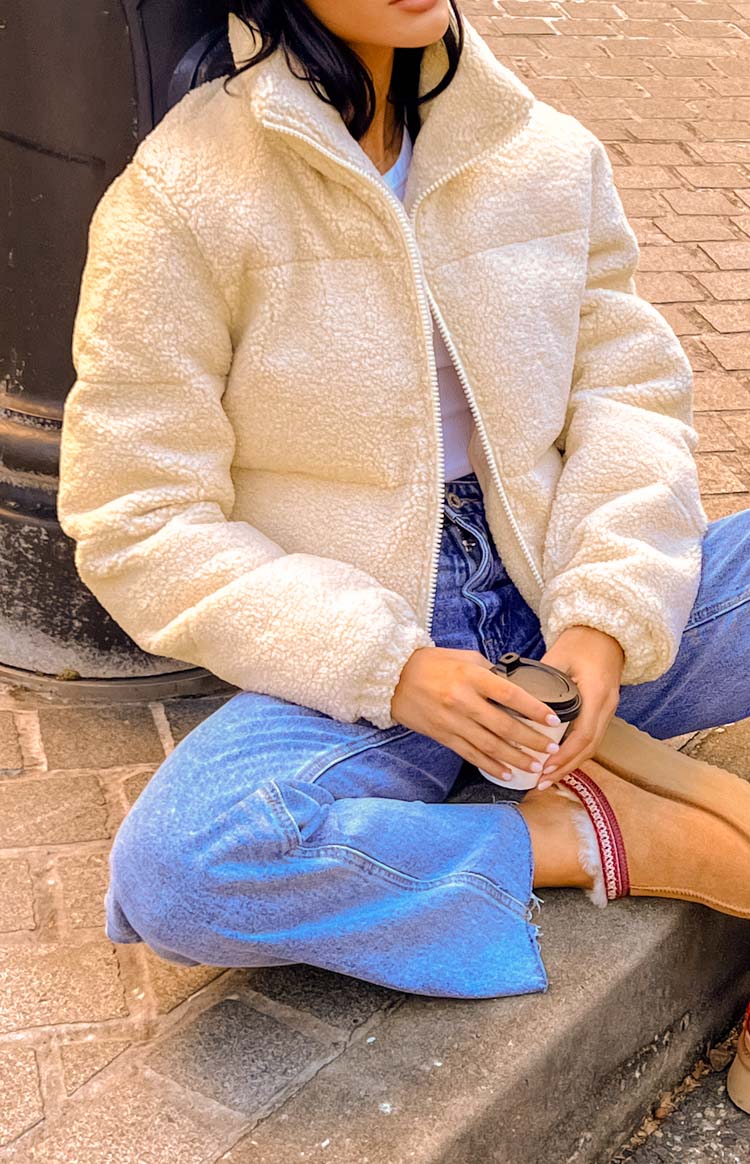 Beginning Boutique Laria Teddy Puffer Jacket cream teddy cropped puffer jacket with high collar and full zip