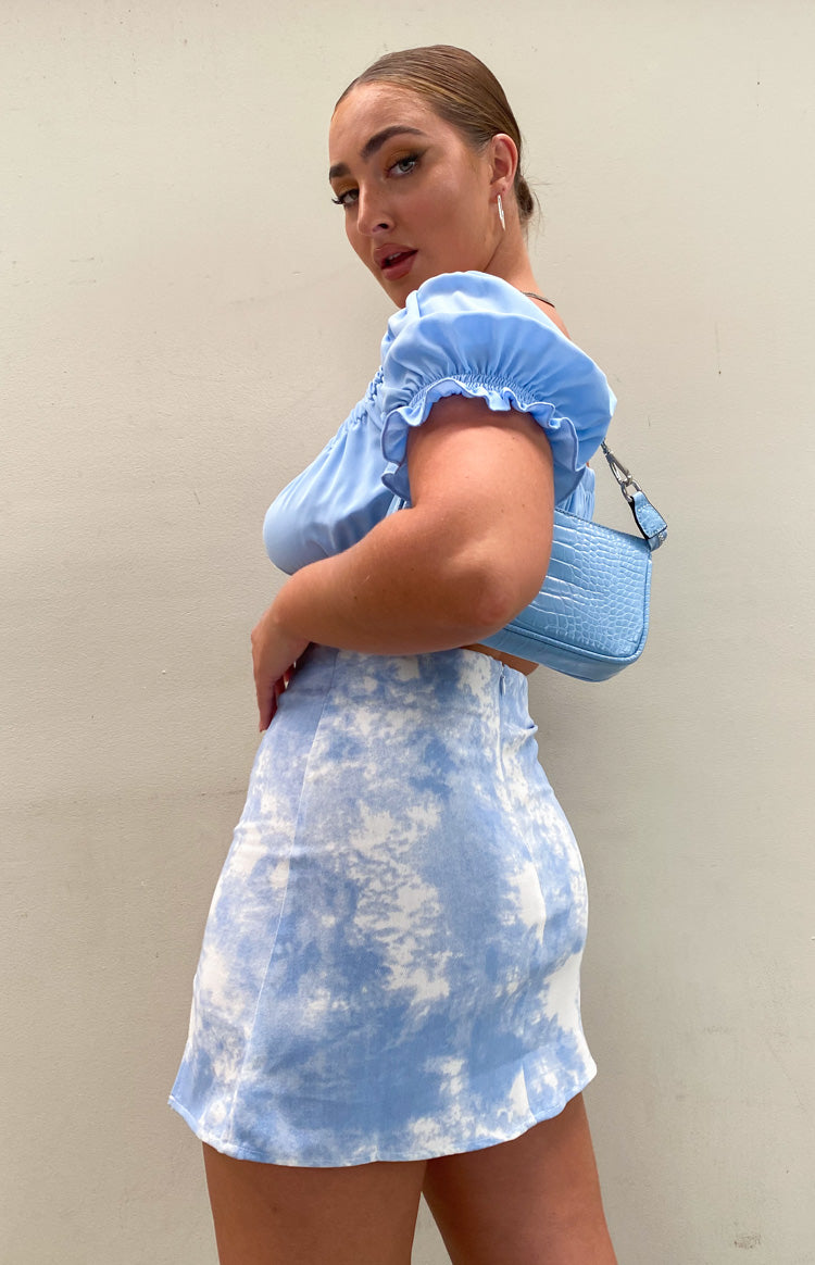 Light blue and white tie-dye denim skirt with a high side split