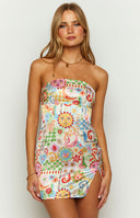 Beginning Boutique Lauren Summer Print Strapless Mini Dress multi-coloured psychedelic sun and moon print strapless fitted mini dress