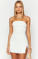 Beginning Boutique Lauren White Strapless Mini Dress white strapless mini dress with a fitted bodice and side slit