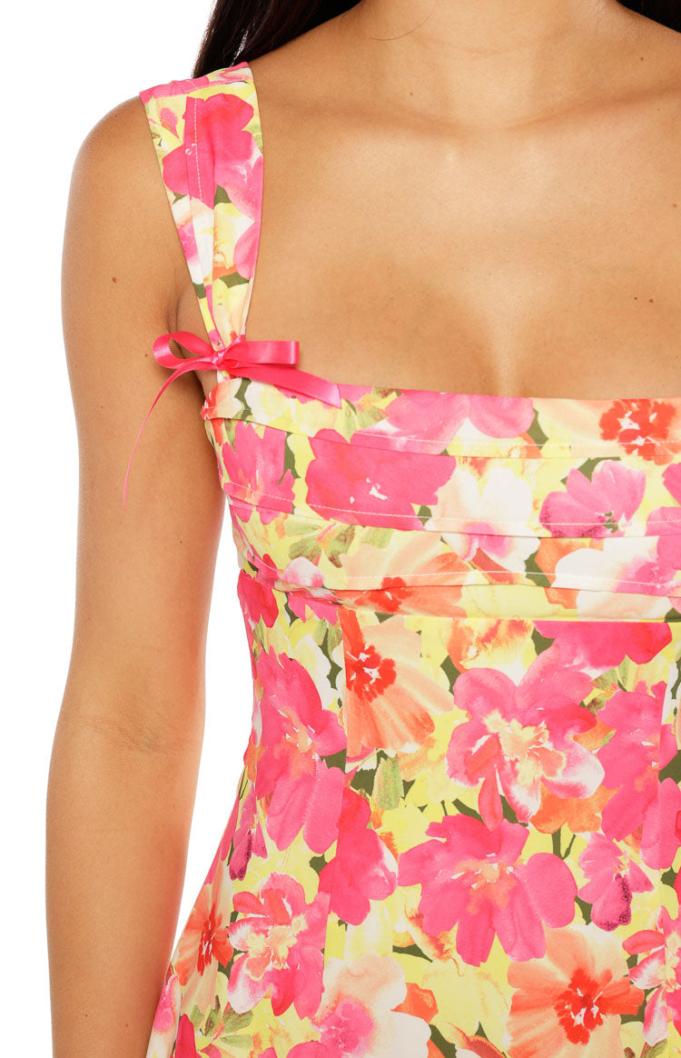 Layla Yellow Floral Pop Tie Back Mini Dress Image