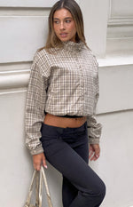 Beginning Boutique Lee Beige Plaid Funnel Neck Jacket beige plaid funnel neck cropped jacket with long sleeves and elasticate
