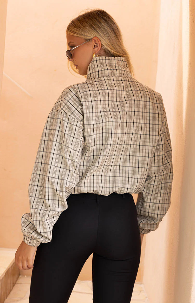 Lee Beige Plaid Funnel Neck Jacket - PRE ORDER