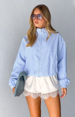 Beginning Boutique Lee Blue Stripe Funnel Neck Jacket light blue striped funnel neck jacket with half-zip and elasticated hem