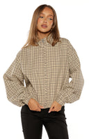 Beige plaid funnel neck jacket with half-zip, cropped elasticated hem, and ruffled front detail