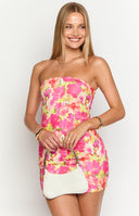 Beginning Boutique Lee Yellow Floral Pop Strapless Mini Dress yellow and pink floral print strapless bodycon mini dress with ruched sides