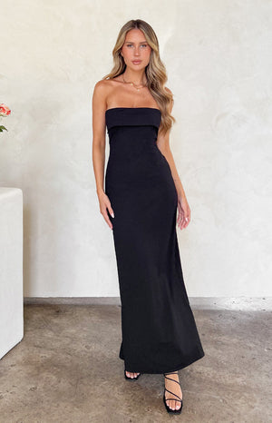 Beginning Boutique Lei Strapless Black Maxi Dress black strapless maxi dress with a folded bandeau neckline and fitted column silhouette