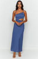 Beginning Boutique Lene Blue Maxi Dress blue square neck maxi dress with thin spaghetti straps side waist cutouts and ruched detailing