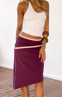 Grape asymmetric midi skirt with two pink contrast bind lines on the waist