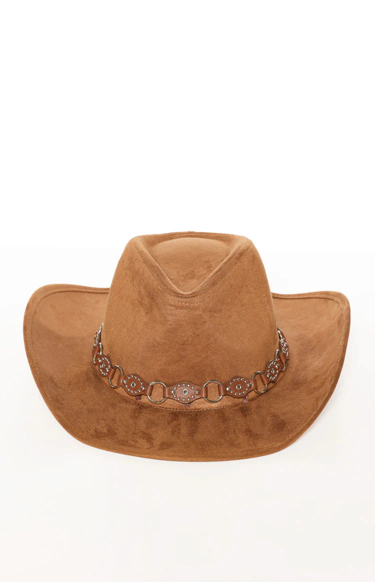 Tan suedette western hat with a brown PU trim band featuring circular metal rings and small silver studs
