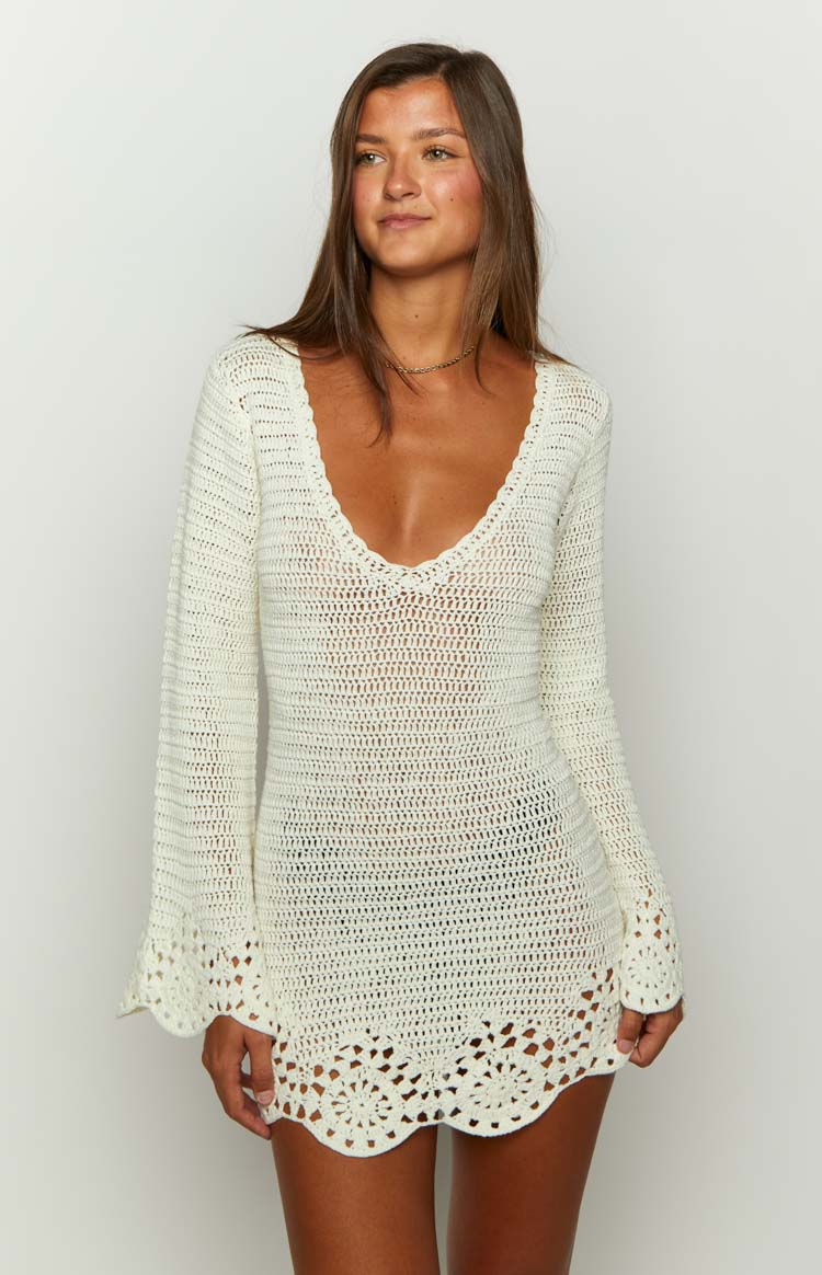 Li White Crochet Long Sleeve Mini Dress Image