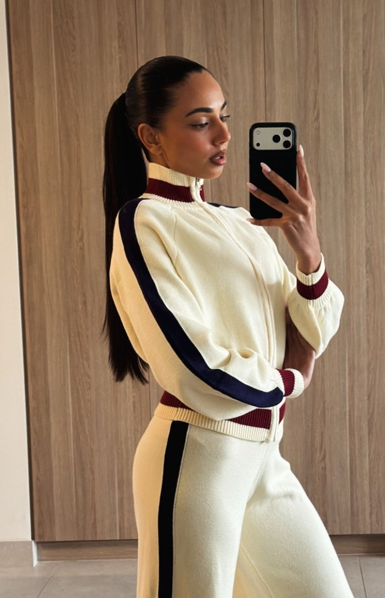 Beginning Boutique Liberty Cream Knit Jacquard Zip Sweater cream knit jacquard zip sweater with high collar and navy red stri