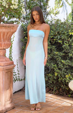 Beginning Boutique Lidia Blue Wrap Front Maxi Dress light blue strapless maxi dress with fitted bodice and flowy sheer skirt