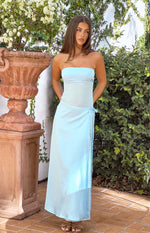 Light blue strapless maxi dress with a fitted bodice and a wrap front skirt with side tie detail