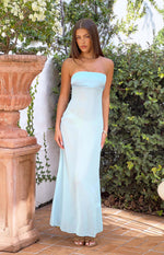 Front view of a light blue strapless maxi dress with a fitted bodice and flowing sheer skirt