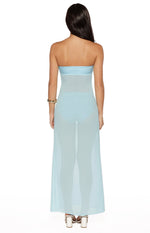 Rear view of a light blue strapless maxi dress with a solid band at the bust and a sheer maxi skirt