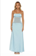 Light blue strapless maxi dress with sheer mesh midriff and satin wrap-front skirt with tie detail