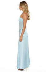 Side view of a light blue strapless maxi dress with a sheer mesh panel on the bodice and a flowing skirt