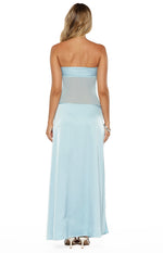 Back of a light blue strapless maxi dress featuring a sheer mesh midriff panel
