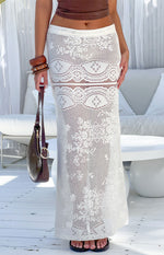White crochet lace maxi skirt with alternating sheer and patterned bands