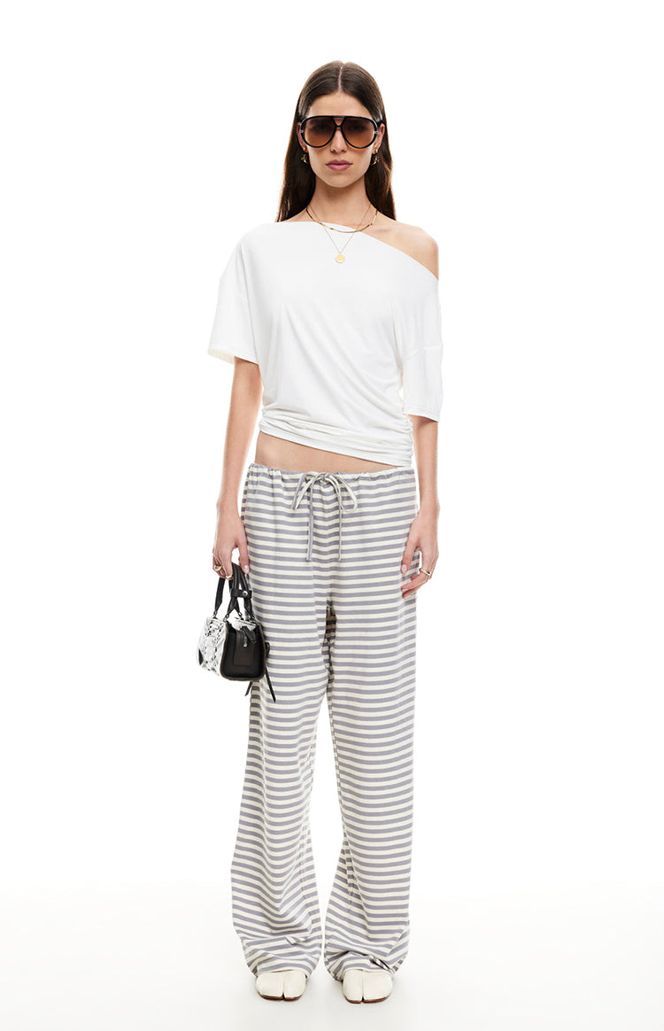 Beginning Boutique Lioness Bloom Ash Stripe Pants ash grey and off-white striped wide-leg pants with a drawstring waist