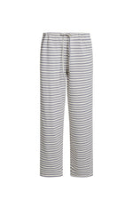 A pair of cropped lounge pants featuring a horizontal stripe pattern with alternating white and grey stripes. This pants have a relaxed straight fit ending above the ankles and are finished with an elasticized waistband and a thin white drawstring tie.