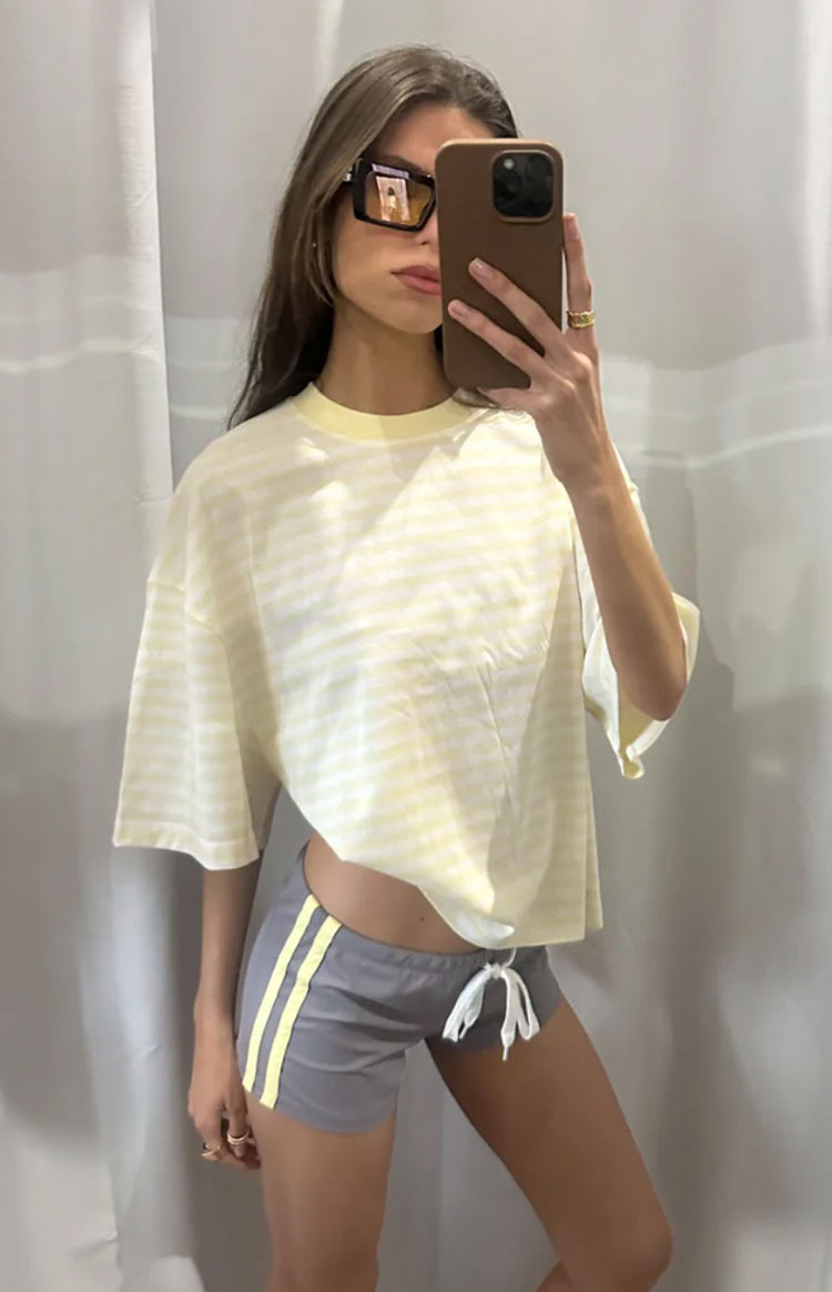 Beginning Boutique Lioness Bloom Short Sleeve Top Lemontini Stripe lemontini stripe oversized cropped short sleeve top with crew neck