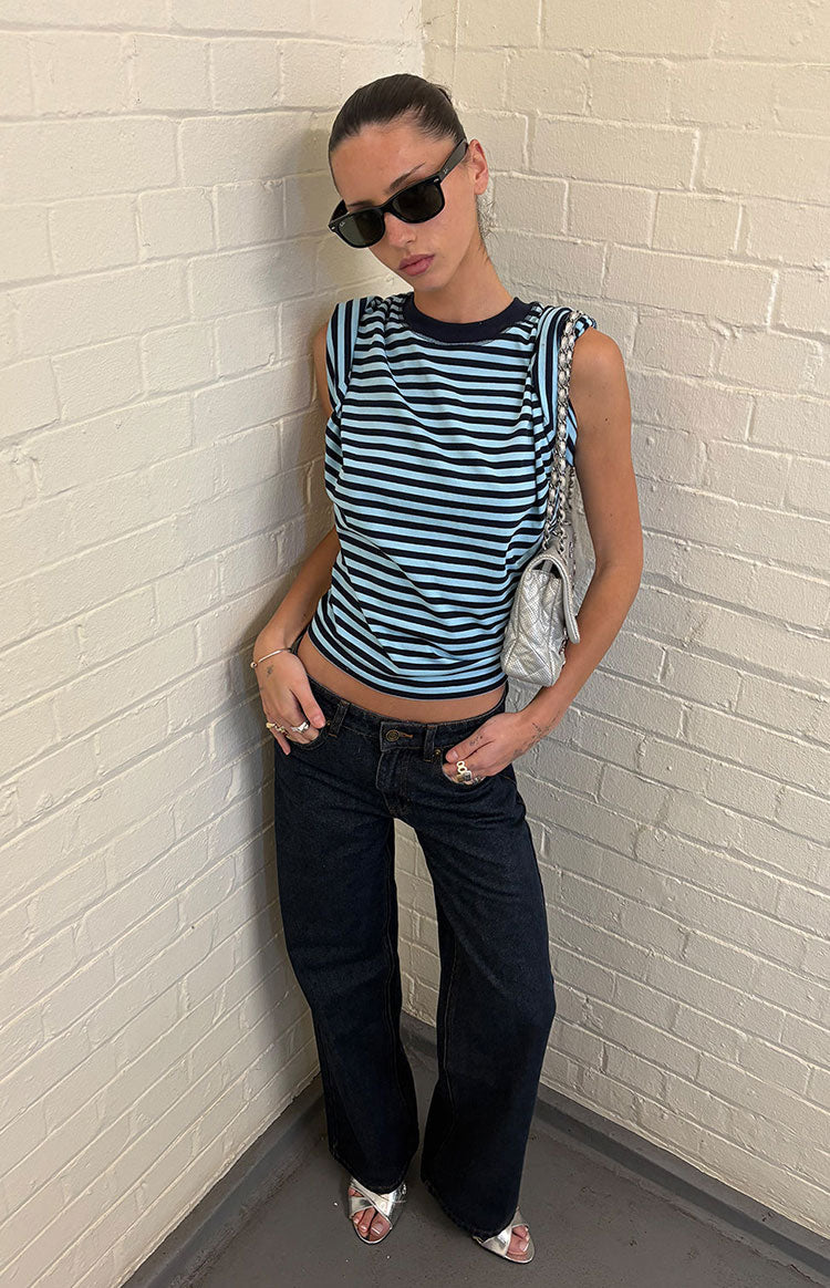 Beginning Boutique Lioness Bloom Short Sleeve Top Navy Sea Stripe navy and light blue striped round neck fitted short sleeve crop top
