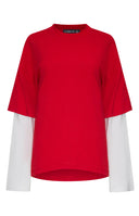 Beginning Boutique Lioness Bottega Crimson Layered Shirt — crimson oversized cropped tee layered over a white long sleeve shirt with crew neck