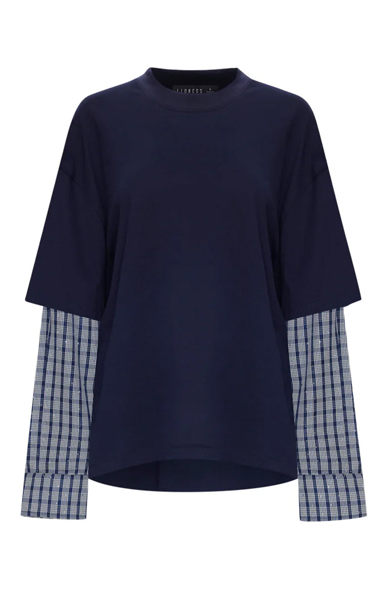 Navy mock neck shirt with short outer sleeves and long blue and white checked layered sleeves with cuffs