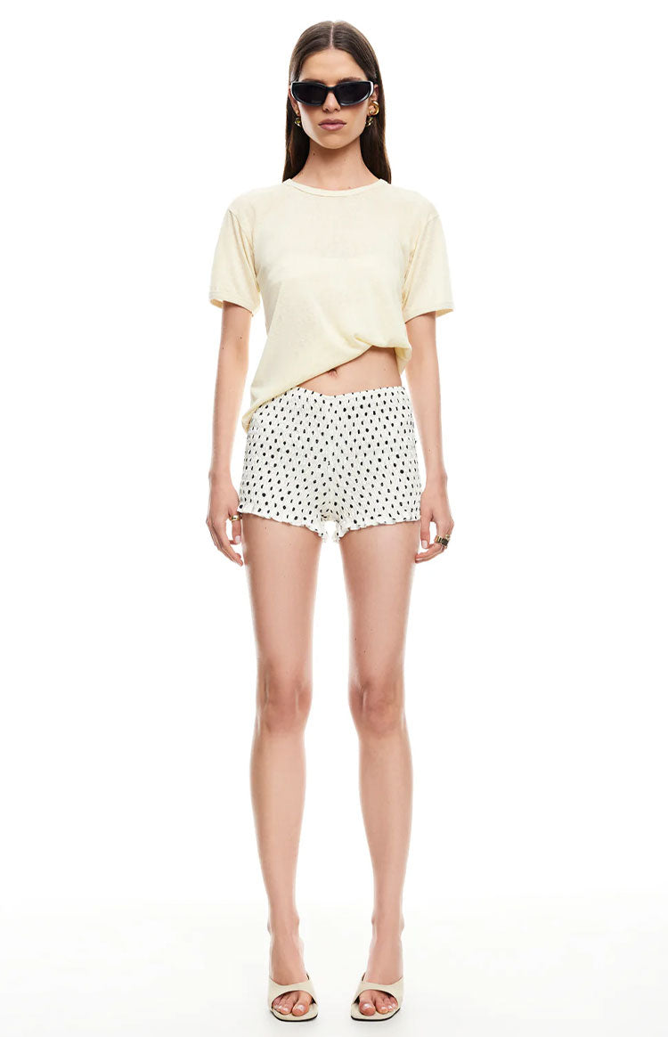 Beginning Boutique Lioness Terra Shorts Porcelain Polka porcelain white shorts with black polka dots, elasticated waist, relaxed fit