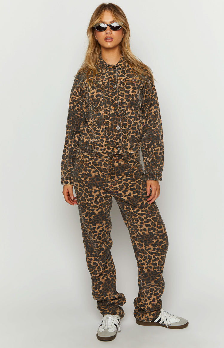 Brown and black leopard print straight leg jeans with a relaxed fit