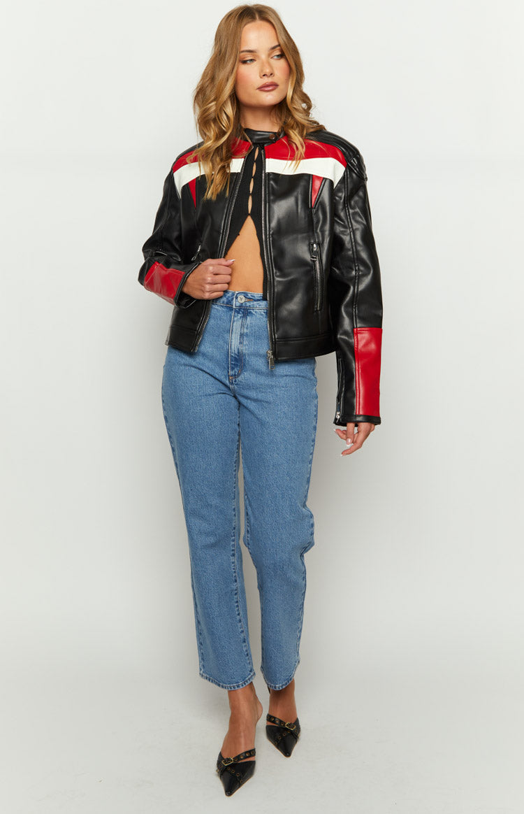 Black biker jacket with red and white stripes on shoulders and sleeves, worn open