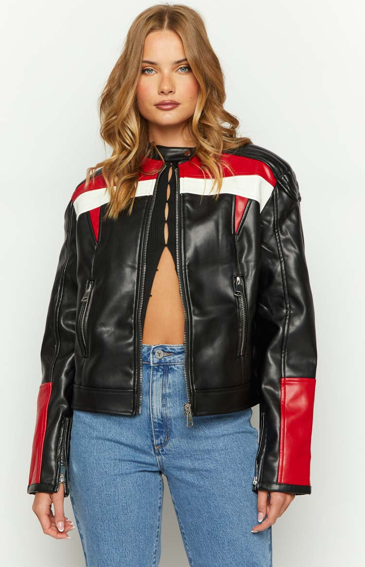 Beginning Boutique Lioness Top Model Onyx Biker Jacket black faux leather biker jacket with red and white racing stripes, zip front, and zip pockets