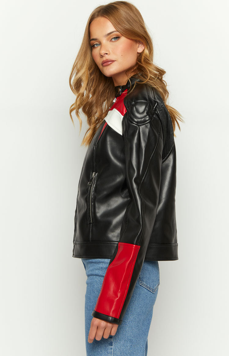 Side view of a black biker jacket with red and white stripe details, a zippered pocket, and red lower sleeve panels