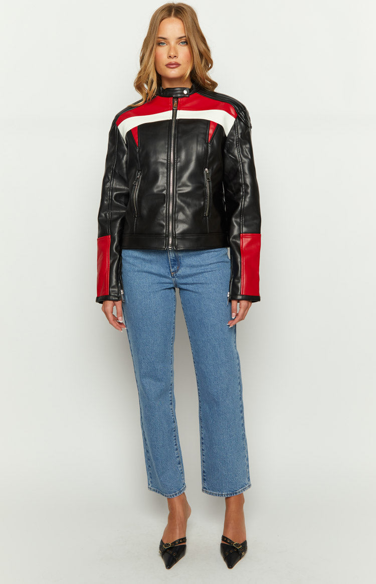 Black faux leather biker jacket with red and white racing stripes, stand collar, and zippered pockets
