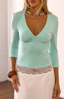 Livvy Turquoise 3/4 Sleeve V Neck Jersey Top
