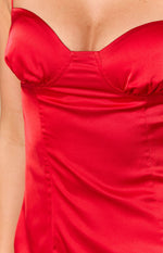 Close-up of the red satin bodice with a sweetheart neckline, structured cups, and subtle side ruching