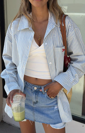 Beginning Boutique Lola Blue Stripe Embroidered Button Up Shirt blue and white striped button up shirt with embroidered chest pocket