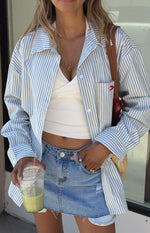 Lola Blue Stripe Embroidered Button Up Shirt Image