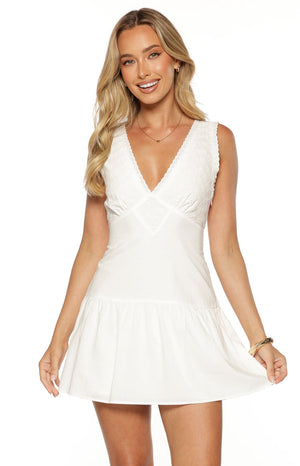 Beginning Boutique Lola White Cotton Broderie Detail Mini Dress white cotton broderie V-neck sleeveless mini dress with tiered hem