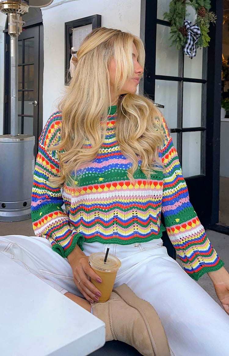 Multi-coloured open-knit sweater with rainbow stripes, zigzag patterns, and red hearts, crew neck, long sleeves
