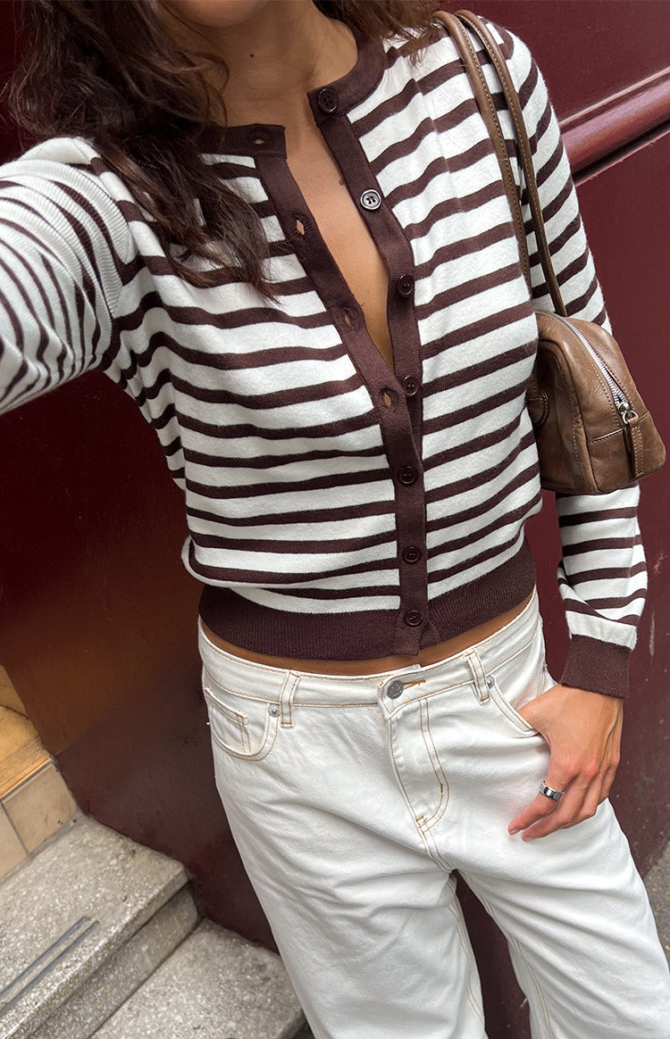 Beginning Boutique Lottie Chocolate Stripe Round Neck Cardigan chocolate and white stripe cropped cardigan with button-front