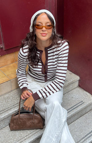 Beginning Boutique Lottie Chocolate Stripe Round Neck Cardigan chocolate and white stripe knit round neck long sleeve button-