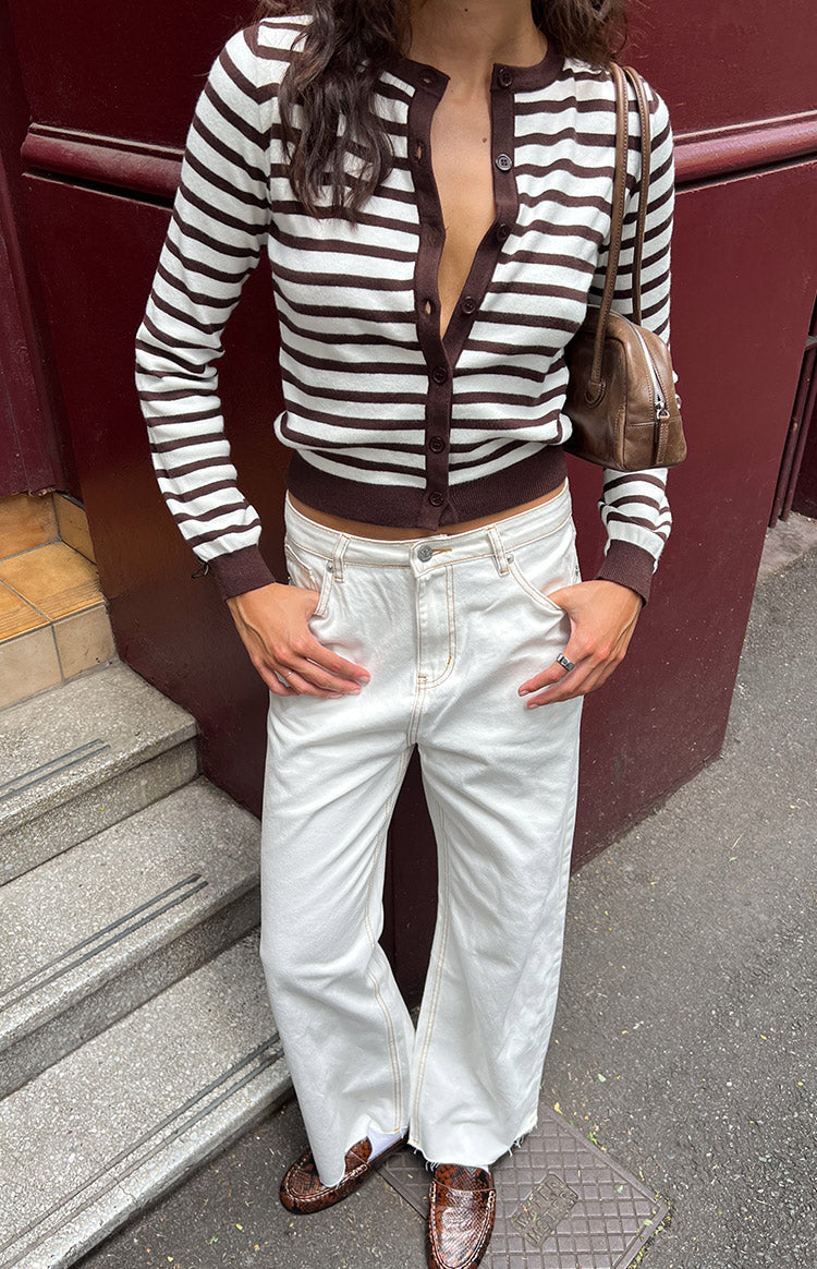 Fitted chocolate stripe round neck cardigan with button-front, long sleeves, and ribbed cuffs and hem