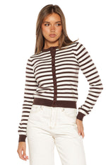 Chocolate and white striped knit cardigan with a round neck, full button-front, and ribbed cuffs