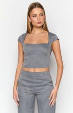 Grey pinstripe crop top with a square neckline, fitted bodice, and short cap sleeves