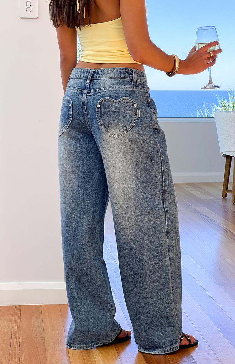Lovers Lane Mid Wash Denim Heart Pocket Slouchy Jeans
